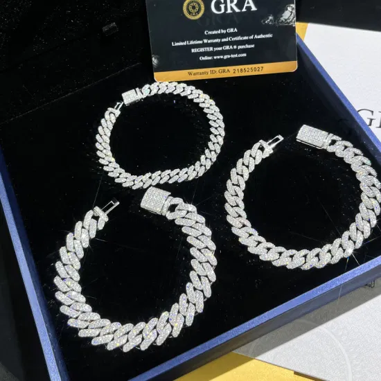 Großhandelspreis Weißgold 2 Reihen Iced Out Moissanit Diamant 10mm Cuban Link Armband für Männer und Frauen